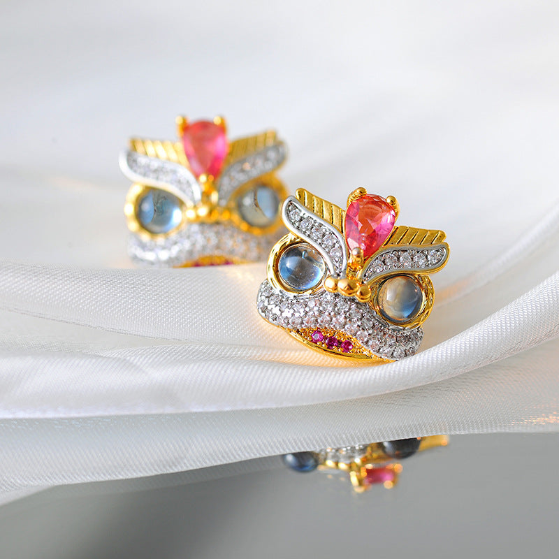 New Chinese Style Lion Dance Set Heavy Craft Light Luxury Earrings Necklace Bracelet Lion Coming Luck Colorful Gemstone Earrings Pendant Necklace