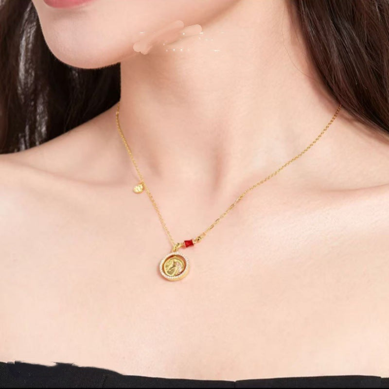 New Chinese Style Pure Silver Pony Necklace Zodiac Pendant Pure Silver Clavicle Chain National Style Set Chain Double-Sided Wear