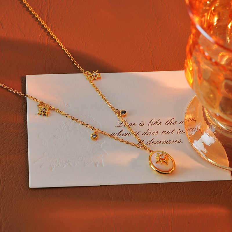 European and American Light Luxury Retro Necklace Oval Natural Mother-of-Pearl Eight-Pointed Star Necklace High-End Jewelry