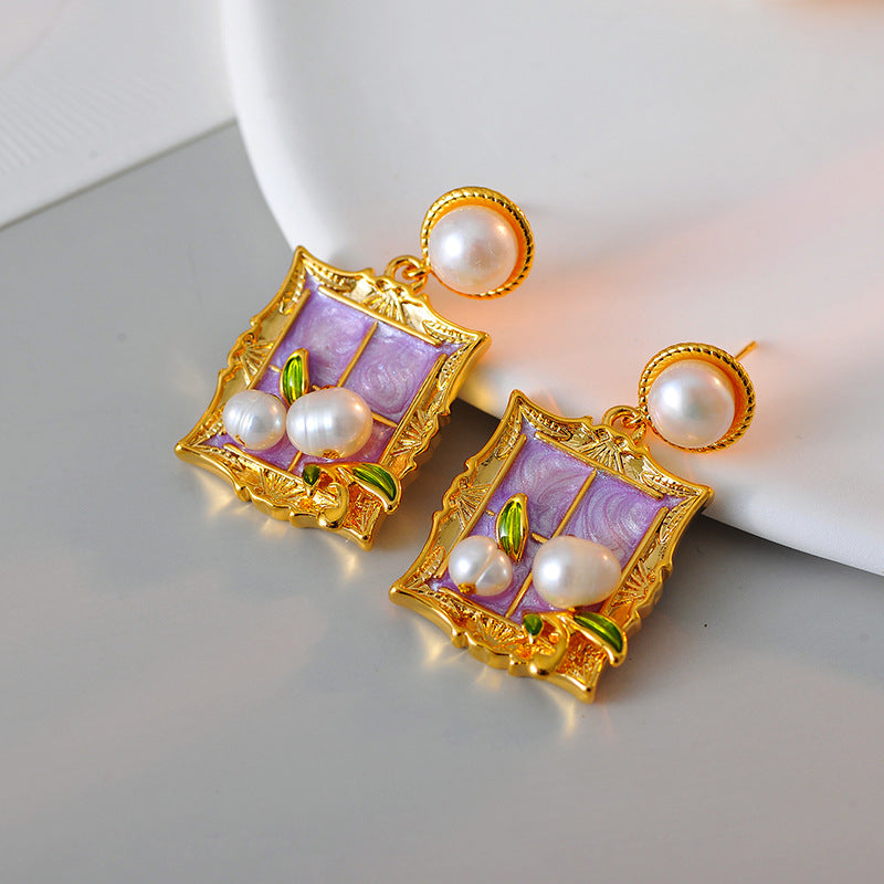 Oil Painting Style Fashionable Personality High-end Necklace Earrings French Pearl Choker New High-end Earrings Necklace