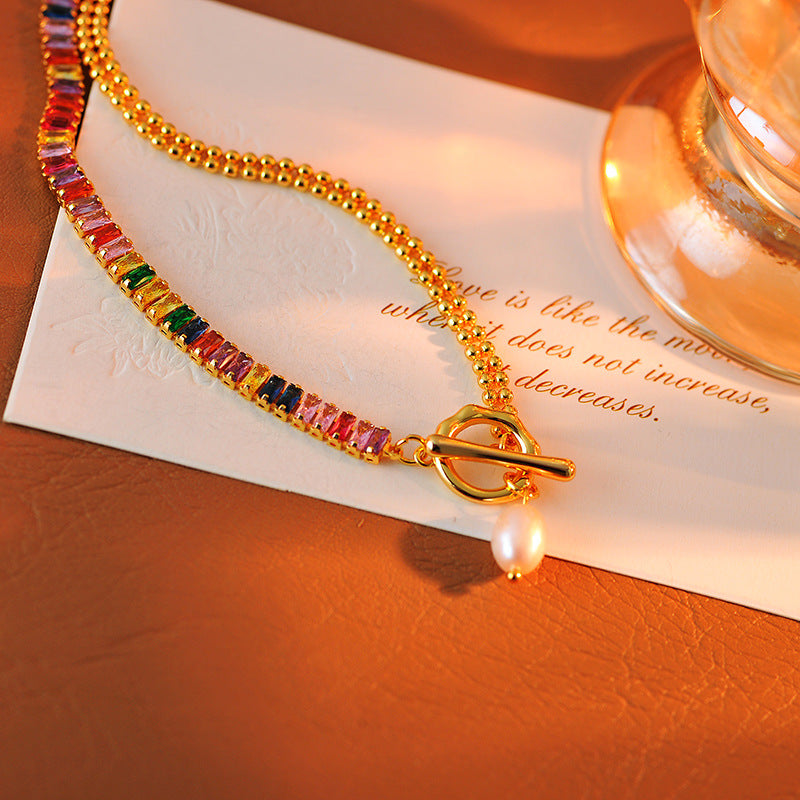 European and American Fashion OT Buckle Zircon Freshwater Pearl Necklace Autumn Winter Light Luxury Niche Exquisite Versatile High-end Clavicle Chain