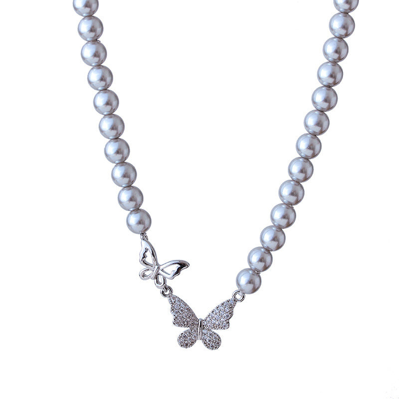 Genuine High-Grade Silver Gray Australian White Full Zircon Silver Butterfly Clasp Full Pearl Necklace Freshwater Pearl