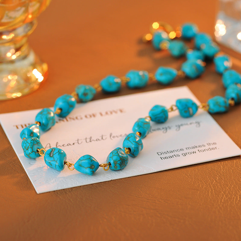 Fashion Retro Irregular Pattern Stone Necklace Fashion Trendy Aquamarine Exquisite Beaded Necklace