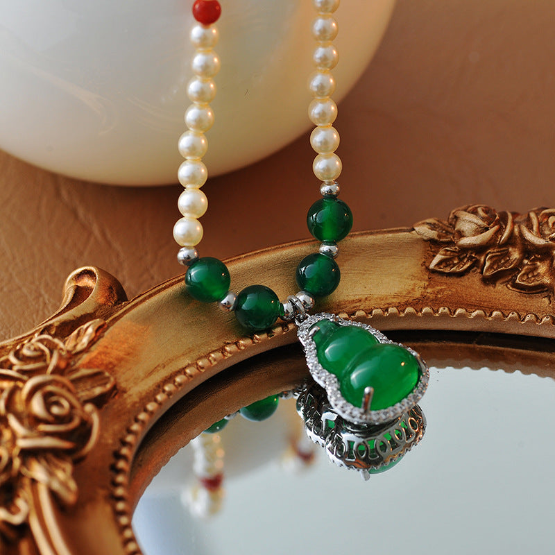 New Chinese Style Green Chalcedony Gourd Pearl Necklace Fashion Retro Light Luxury Temperament National Trend High-end Necklace for Women