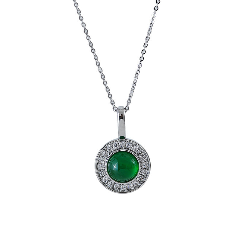 New Chinese Style Green Chalcedony Round Pendant Necklace Fashionable Commuting Versatile Elegant Personality Necklace