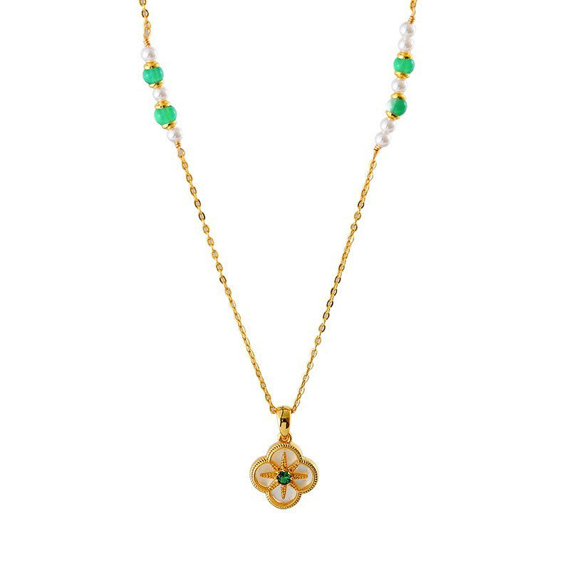 Four-leaf Flower Shell Inlaid Necklace Eight-pointed Star Design New Chinese Style Bracelet Green Natural Stone Sweater Chain Set