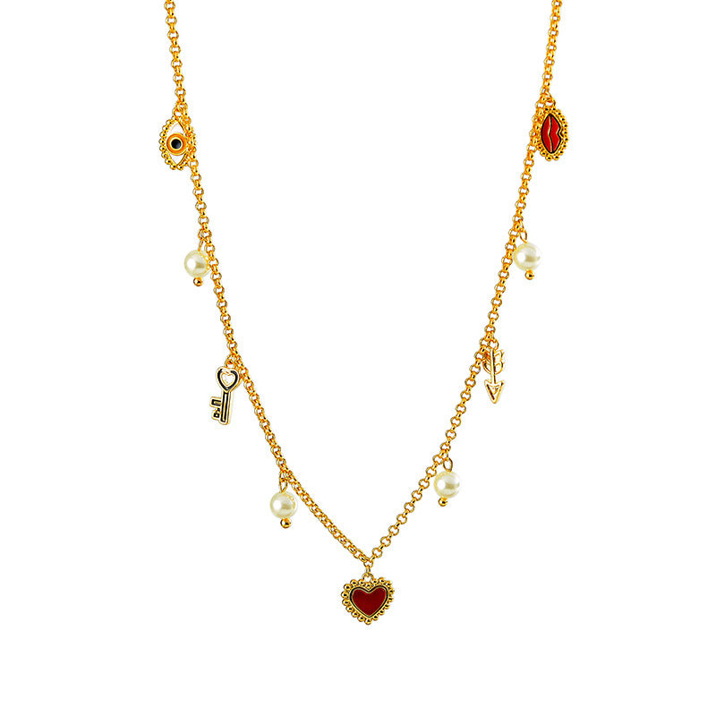 Vintage Light Luxury Red Agate Heart Pearl Tassel Necklace Bracelet for Women Niche High-end Elegant Collarbone Chain