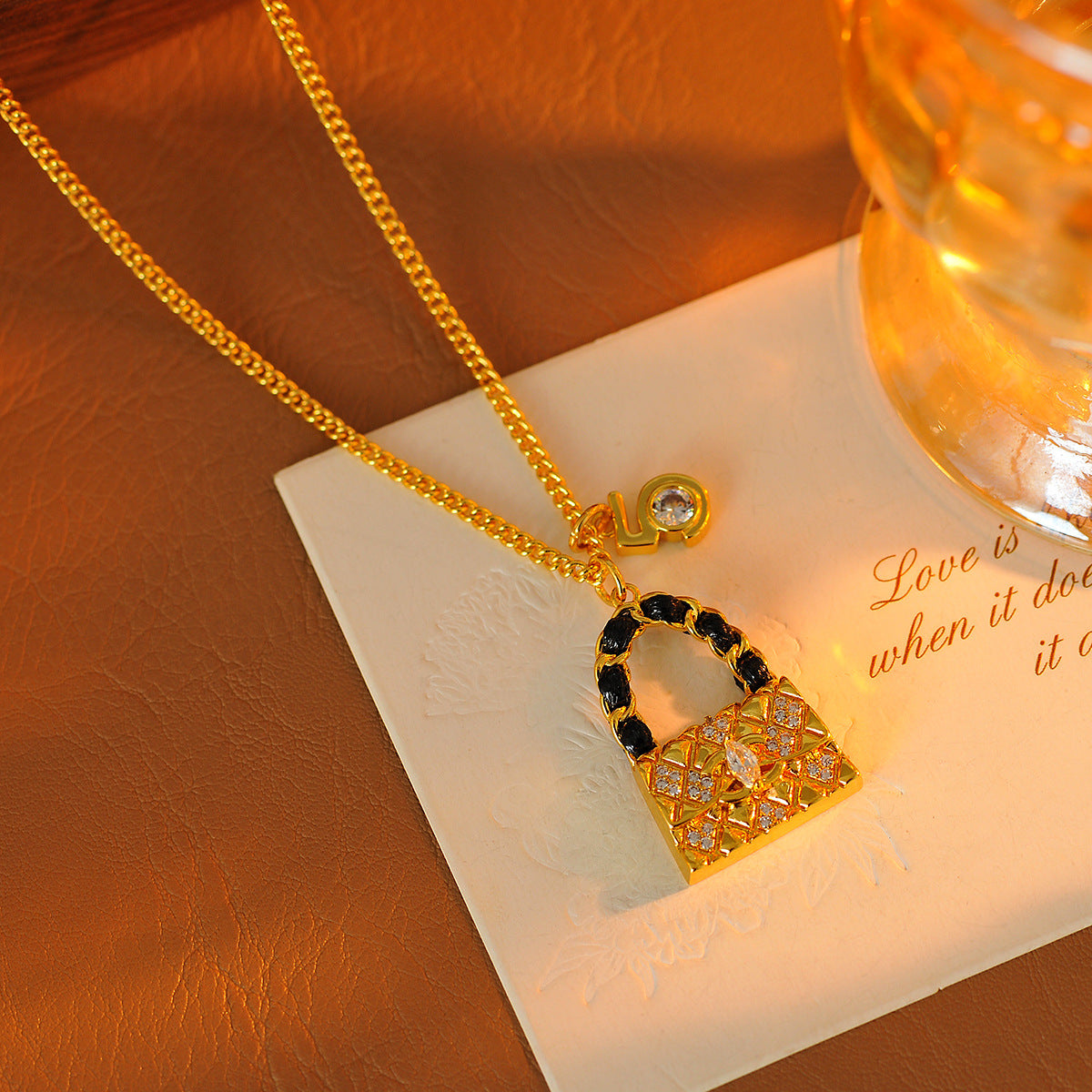 Luxurious High-End New Full Diamond Bag Necklace Fashion Versatile Light Luxury High-End Small 5 Pendant Necklace