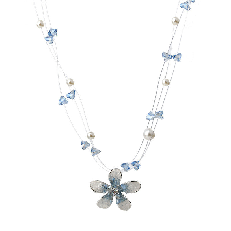 Double Layer Sweet Temperament Starry Sky Pearl Necklace Fashionable Elegant High-end Flower Pendant Collarbone Chain Choker