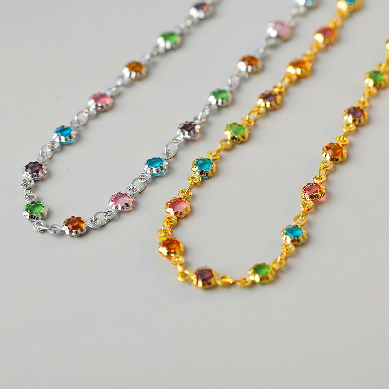 Real Gold Plated Micro Inlaid Zircon Colorful Zircon Elegant Collarbone Chain Women Fashion Design Sense European and American Style Rainbow Necklace