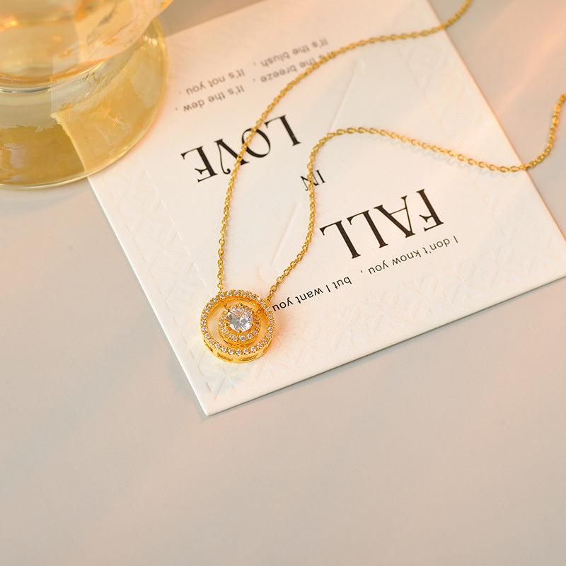 New Copper Plated 18K Gold Necklace Small Zircon Mini Exquisite Vintage Round Pendant Japanese Style Hanging Pendant