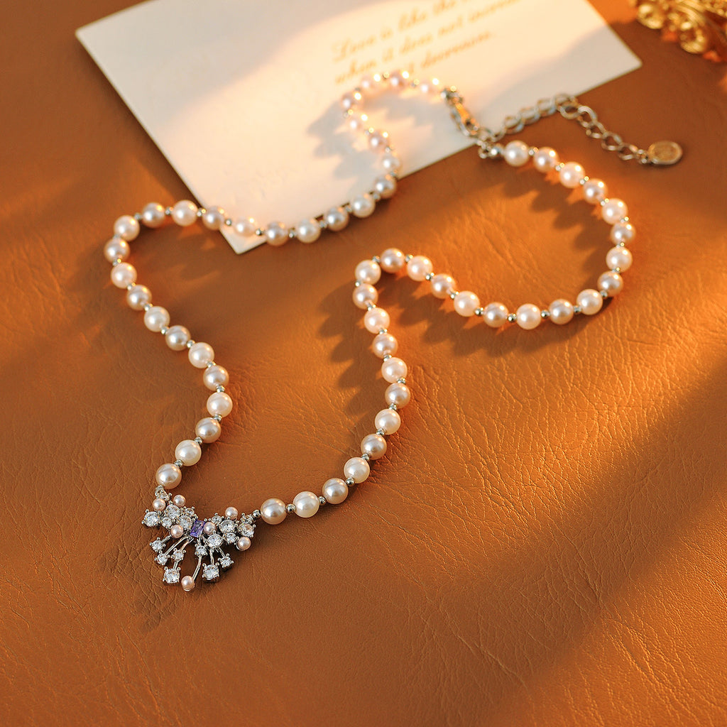 French Retro Shijia Pearl Necklace Light Luxury Niche Tassel Bowknot Choker Fashion Collarbone Chain