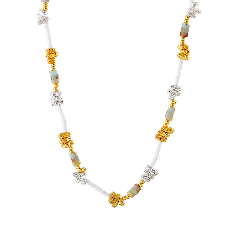 Natural Stone Metal Splicing Necklace for Women, Light Luxury Niche High-End Feel, Small Rice Bead Collarbone Chain, Vintage Elegant Neck Chain