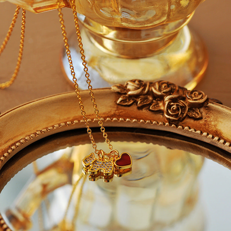 Heart Shell Full Diamond Puppy Necklace for Women, Korean and Japanese Style, Simple Red and White Heart Pendant, Clavicle Chain, Fashionable and Elegant