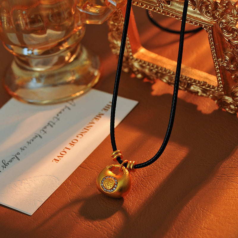 Hot-Selling Versatile Zircon 'Fu' Character Lock Bag Necklace Solid 'Fu' Character Luxurious Black Rope 'Fu' Bag Peace and Joy Sweater Chain for Women