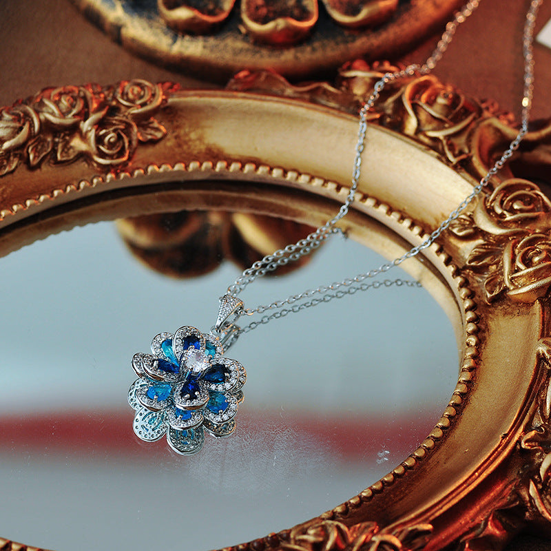 European and American Style Colorful Blue Zircon Flower Necklace Simple Three-Dimensional Camellia Pendant