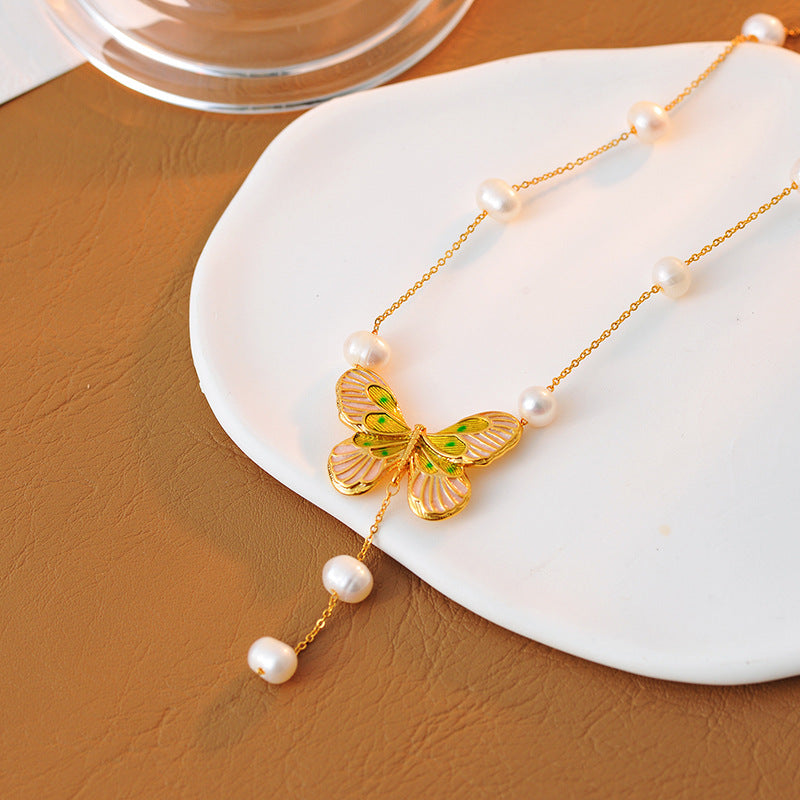 Falan Color Super Fairy Niche Design Simple Forest Style Butterfly Exquisite Baroque Pearl Simple Necklace