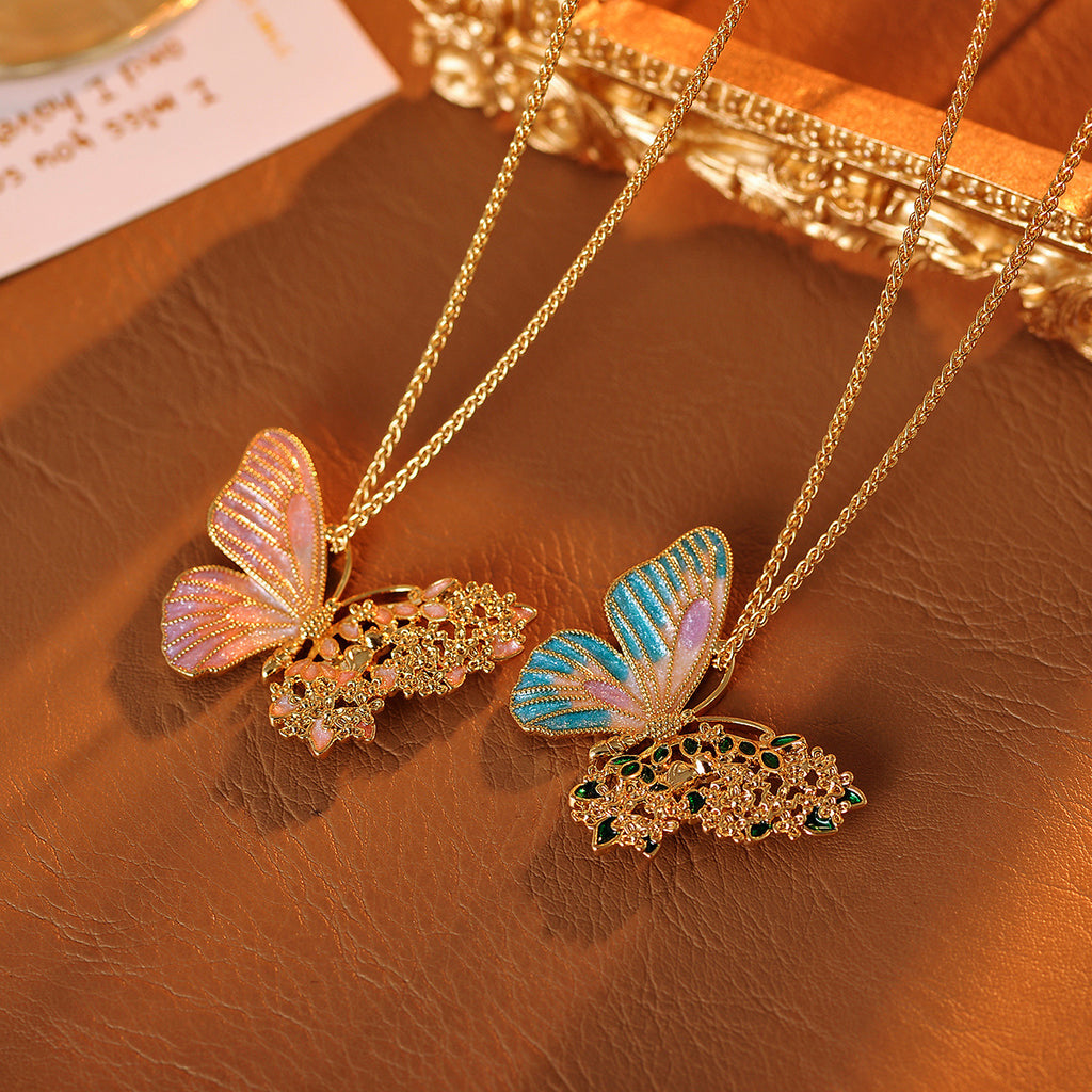 Real Gold Plated Light Luxury Osmanthus Half-Sided Butterfly Pendant New Chinese Style Dreamy Blossom Butterfly Necklace