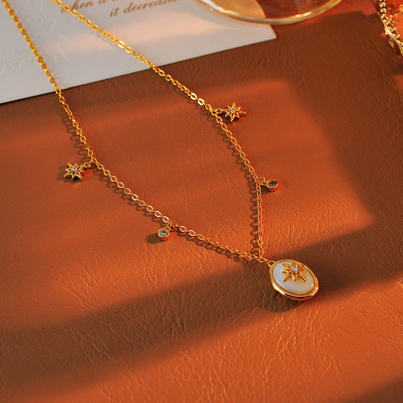 European and American Light Luxury Retro Necklace Oval Natural Mother-of-Pearl Eight-Pointed Star Necklace High-End Jewelry