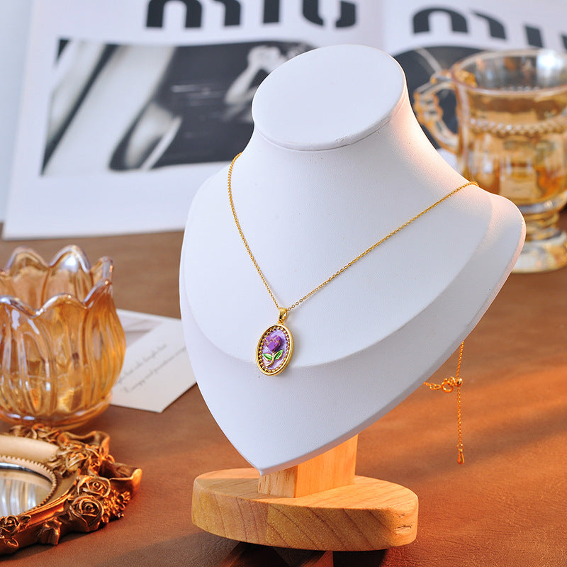 Niche Retro Oil Painting Pink Rose Pendant Necklace for Women, Vintage New Chinese Style, National Style, Light Luxury