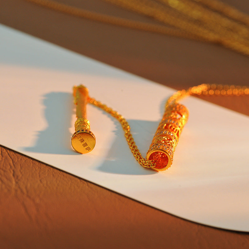 New Chinese Style Ancient Method Hollow Carved Inlaid Cylinder Necklace Eight Styles Portable Gold Buddha Necklace Prayer Wheel for Men and Women Couples