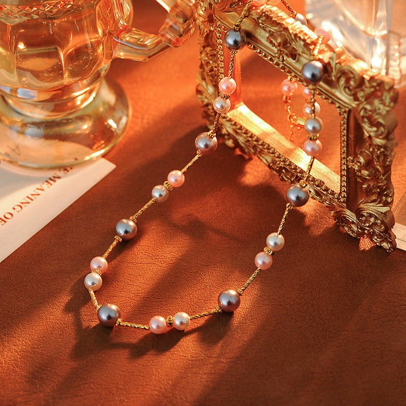 Original Candy Color Age-Reducing Mixed Color Strong Light Pearl Necklace Niche Design High-End Light Luxury Choker One Piece