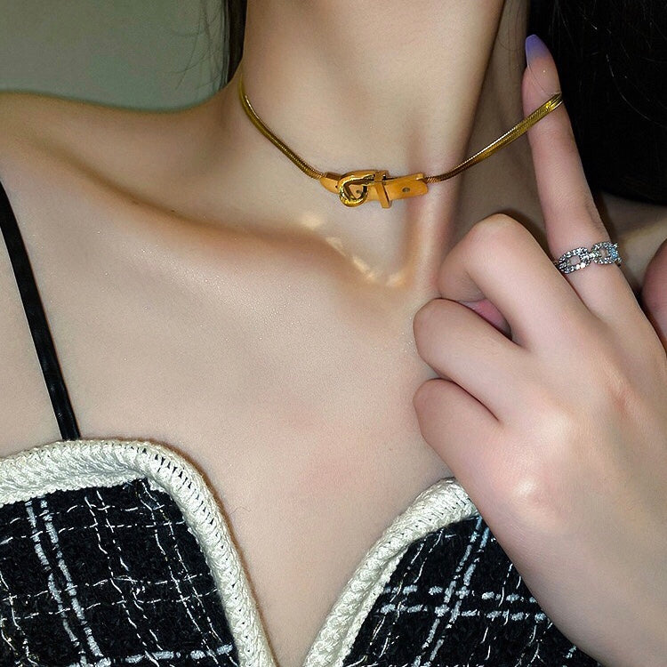 Ins Niche Design Titanium Steel Non-Fading Stylish Versatile Simple Belt Buckle Style Short Necklace Choker for Women