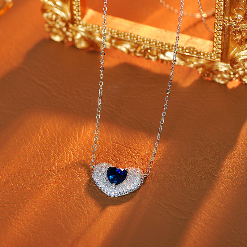 European and American Fashion Blue Heart Adjustable Necklace for Women Full Diamond Heart-Shaped Collarbone Chain Exquisite Elegant Jewelry