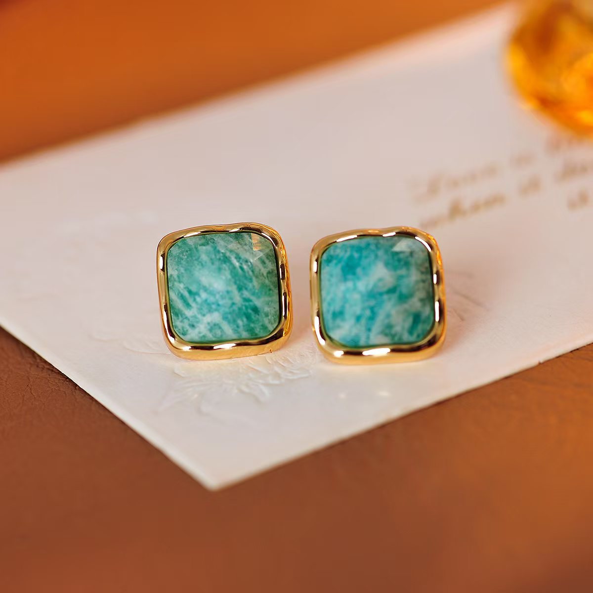 Niche Design Blue Green Square Pendant Necklace Earrings Vintage Versatile High-end 2025 New Neck Chain