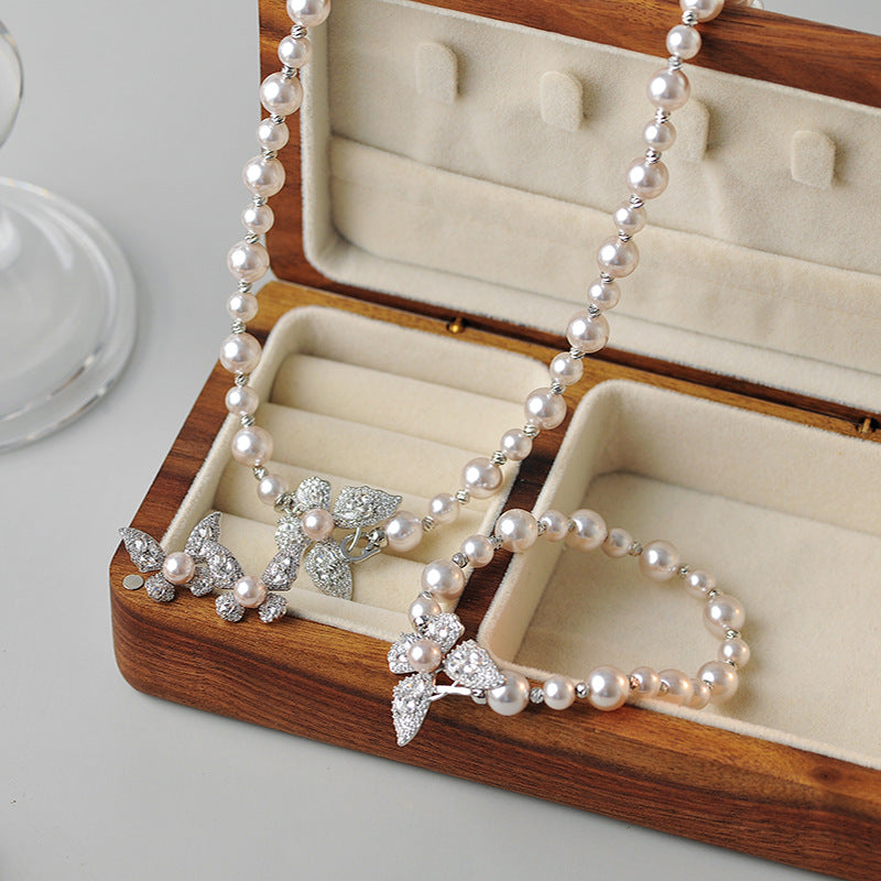 Autumn and Winter Must-Have Fashion Exquisite High-End New Manta Rose Pink Purple Pearl Butterfly Pendant Necklace Bracelet Earrings