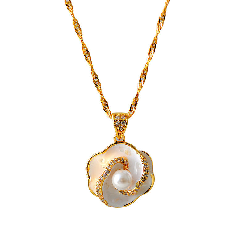 Pearl Rose Flower Necklace for Women, Light Luxury Enamel, High-End Niche Design, Fashionable and Elegant French Collarbone Chain