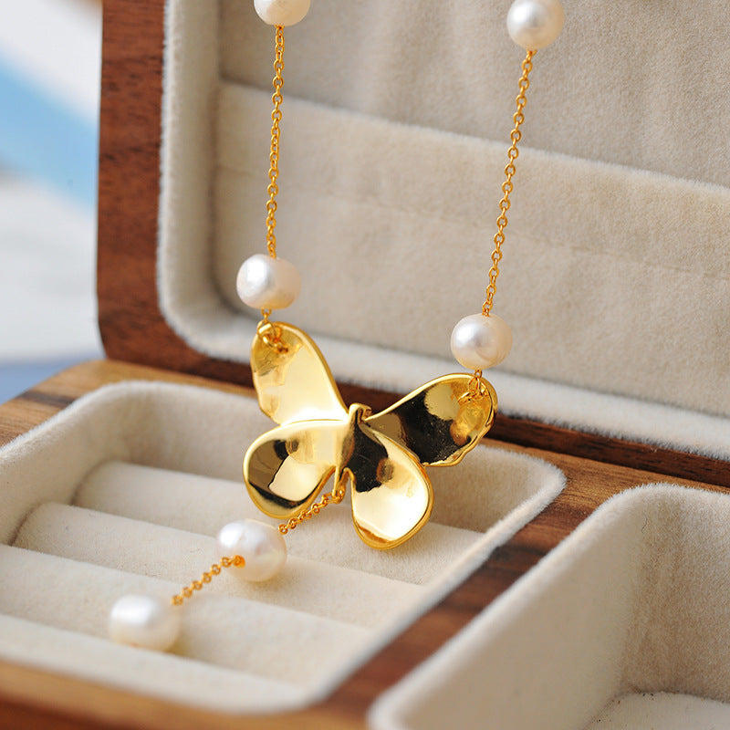Falan Color Super Fairy Niche Design Simple Forest Style Butterfly Exquisite Baroque Pearl Simple Necklace