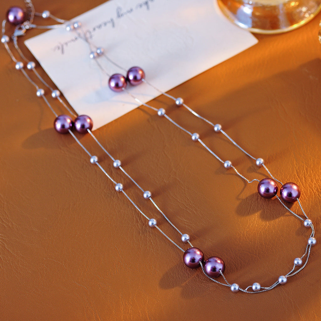 French Style Layered Long Purple Pearl Necklace Fashionable Elegant Light Luxury High-end Sweater Chain for Women