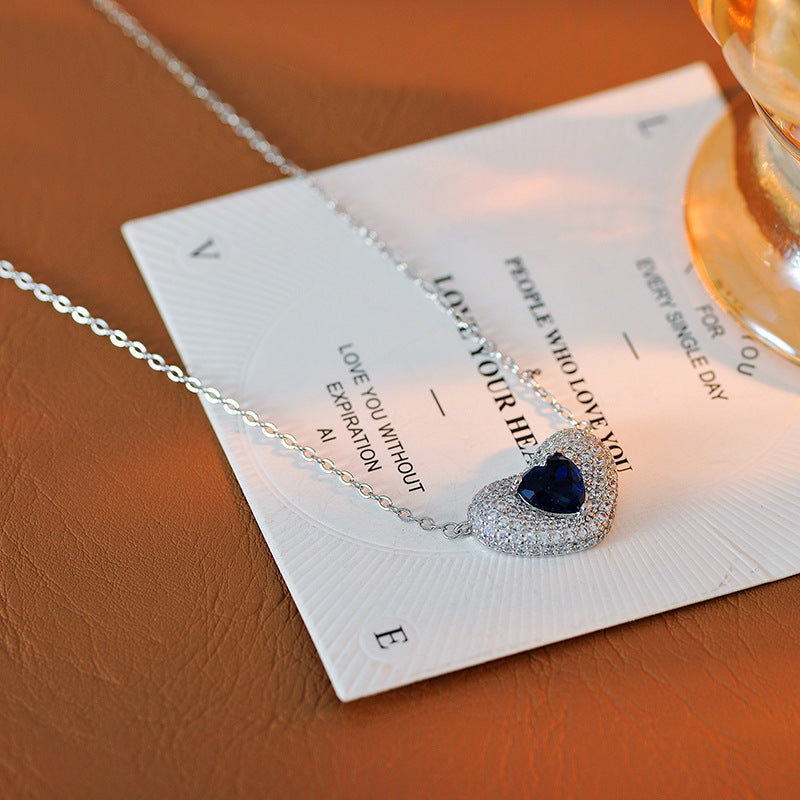 European and American Fashion Blue Heart Adjustable Necklace for Women Full Diamond Heart-Shaped Collarbone Chain Exquisite Elegant Jewelry