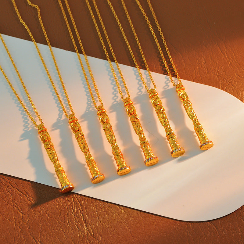 New Chinese Style Ancient Method Hollow Carved Inlaid Cylinder Necklace Eight Styles Portable Gold Buddha Necklace Prayer Wheel for Men and Women Couples