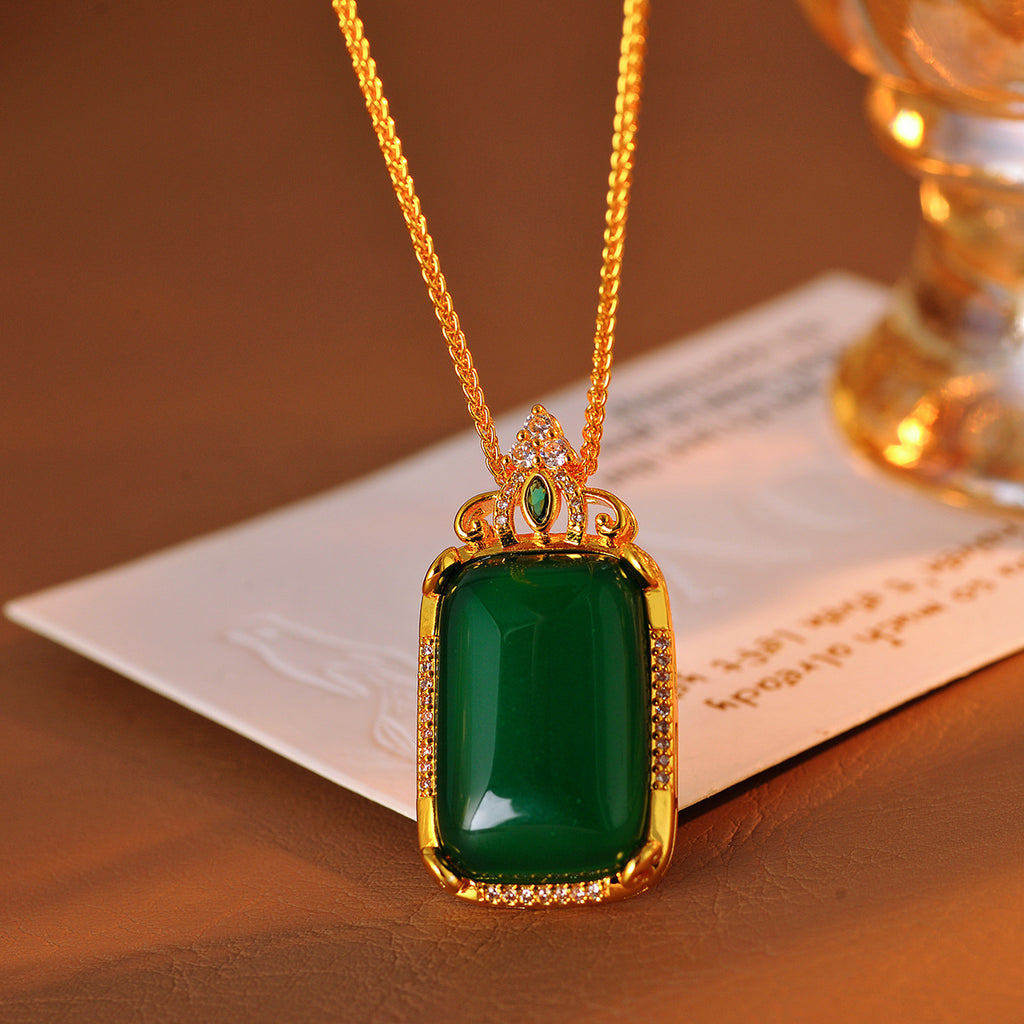 Emerald Necklace Original High-End New Chinese Style Square Pendant Necklace Design Sense Light Luxury Temperament