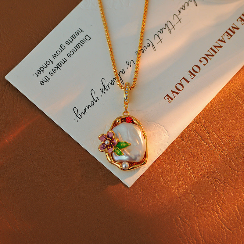 Monet Garden Irregular Baroque Natural Large Pearl Necklace for Women with Floral Design and High-end Pendant