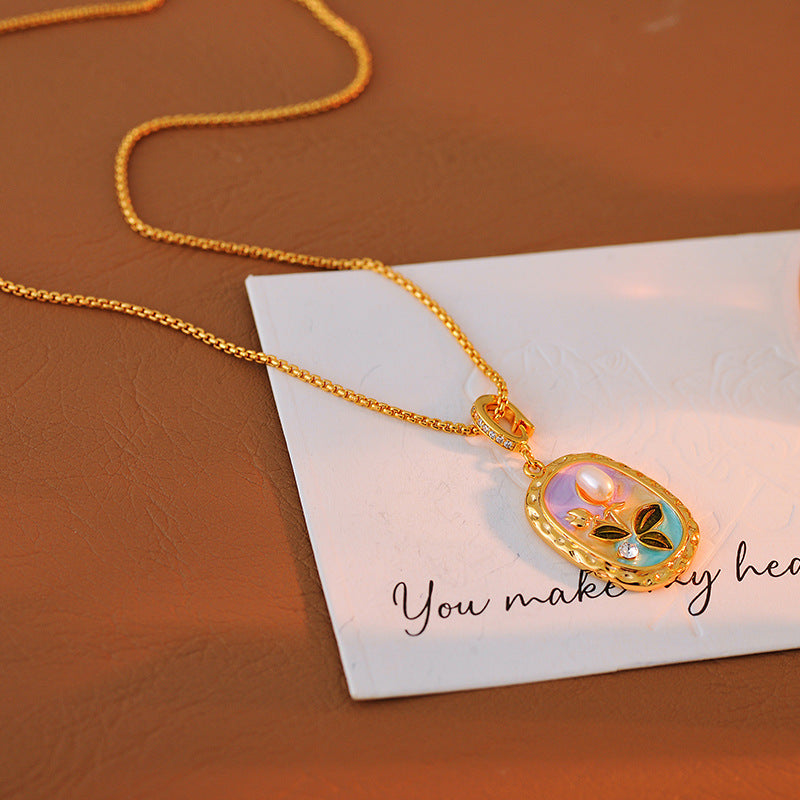 Monet Garden Vintage Necklace Natural Baroque Pearl Light Luxury Retro Oil Painting Style Collarbone Chain