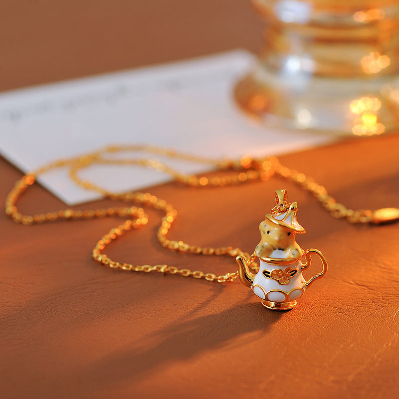 Original Gold-Plated Hand-Painted Enamel Color Glaze Cute Pet Fun Design Cartoon Teapot Chipmunk Necklace for Women