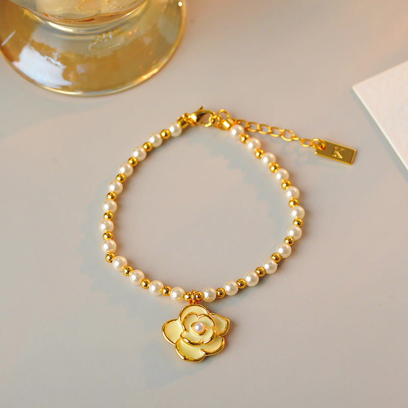 Camellia New Style Spacer Beads Pearl Fashion Exquisite Retro Style Light Luxury High-end Bracelet Necklace Set