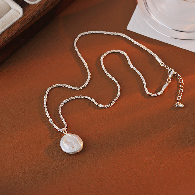 Sparkling Necklace for Women, Shiny Plain Chain, Natural Baroque Pearl Collarbone Chain, Korean Version, Niche Light Luxury Necklace