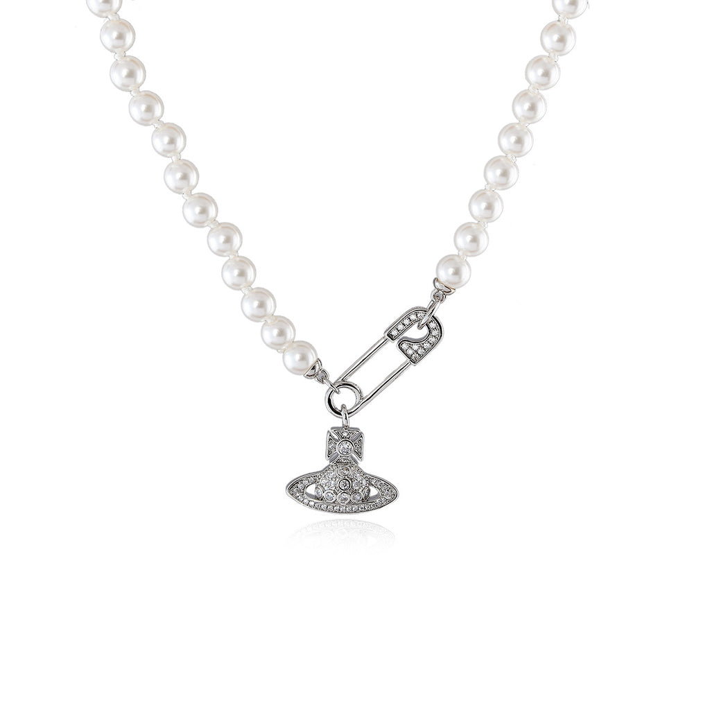 Light Luxury Niche High-End Zircon Saturn Pearl Necklace Autumn Winter Sweater Chain New Hot-Selling Choker