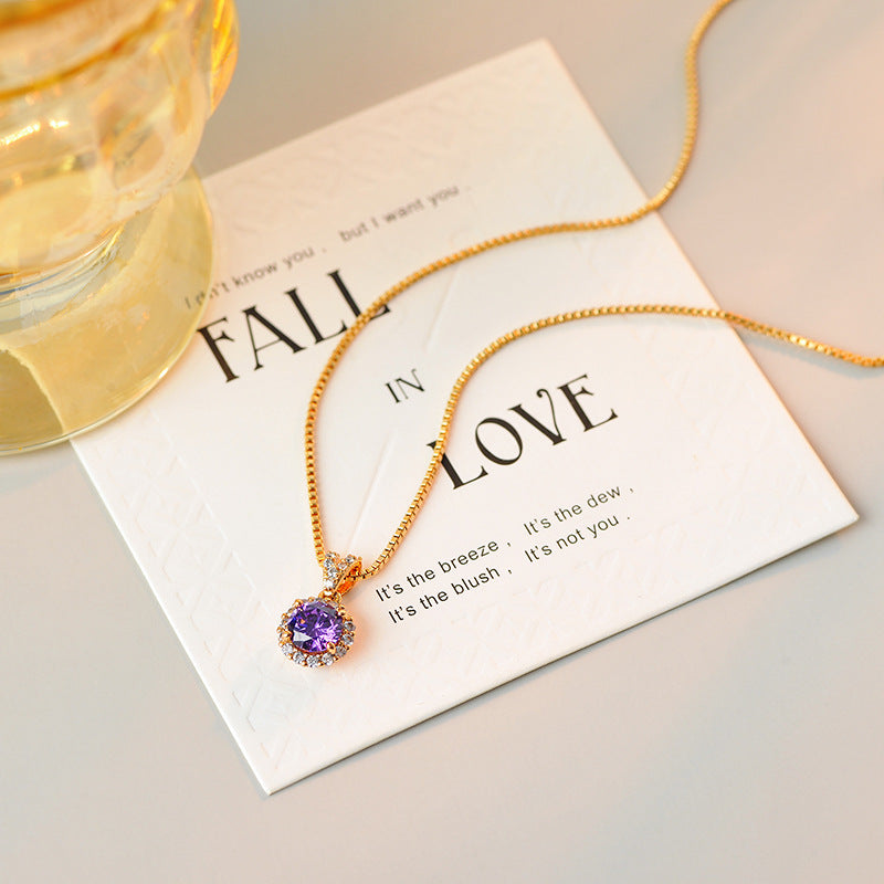 Japanese and Korean Style Internet Celebrity Four-Claw Inlaid Craft Purple Zircon Niche New Design Pendant Elegant Necklace