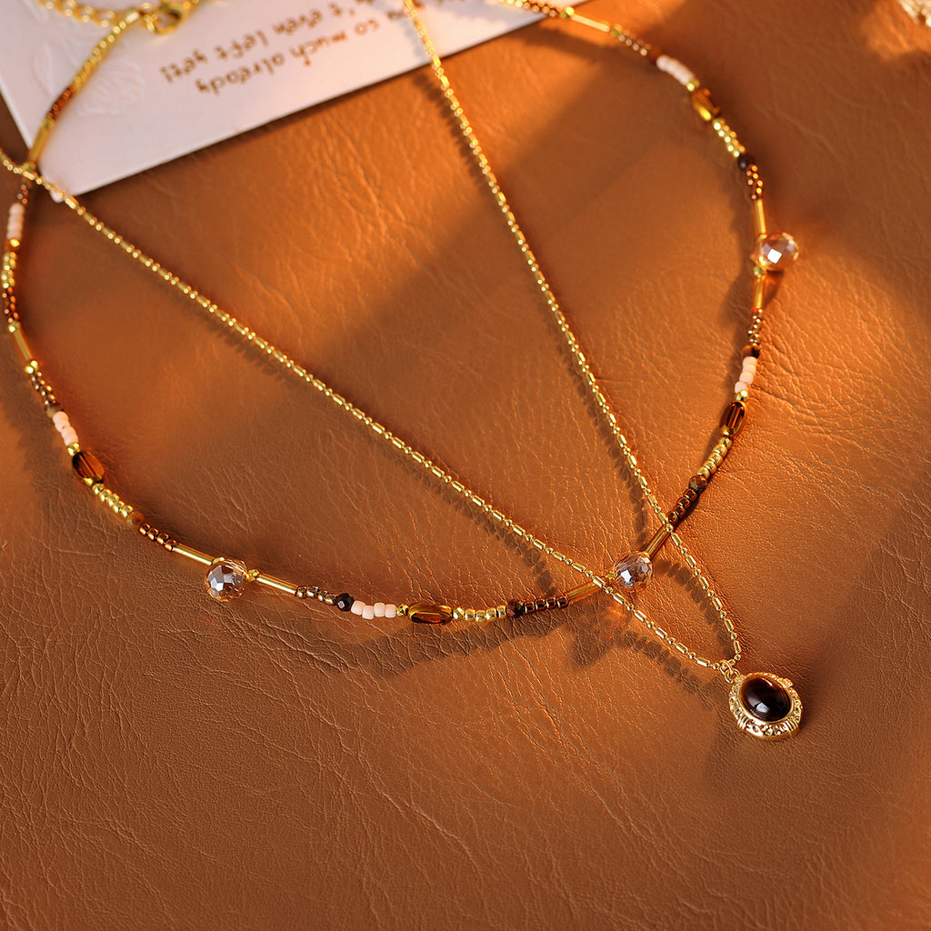 Double Layer Stacked Necklace with Diamonds and Natural Shell Pearl Single Pendant Necklace Light Luxury High-end Clavicle Chain