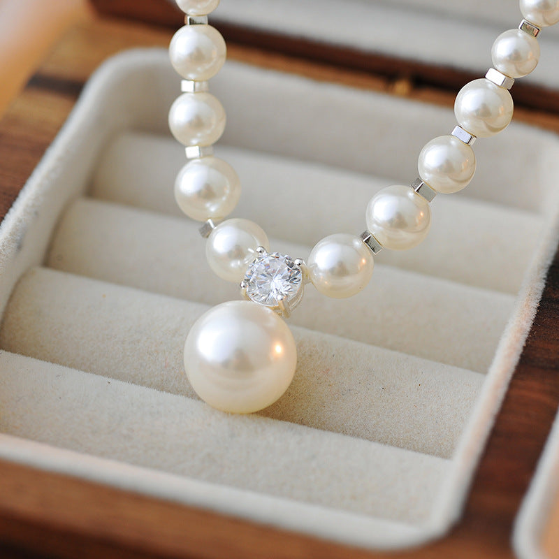 Shijia Pearl Fragment Silver Necklace Gradient High-end Feel Women's Necklace White French Retro Round Bead Collarbone Chain