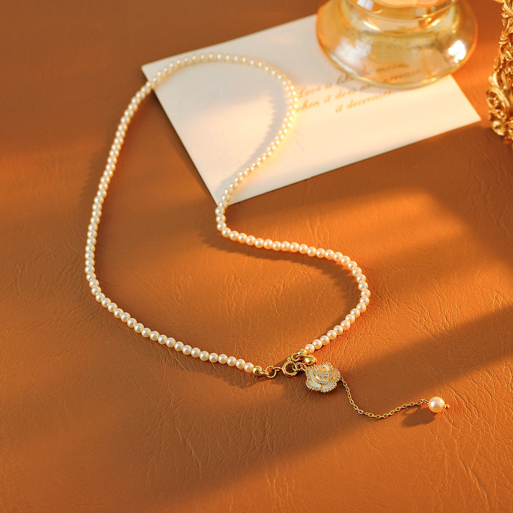 French Style Pearl Necklace for Women, Niche Design with Camellia Tassel Pendant, Clavicle Chain, Light Luxury Fashion