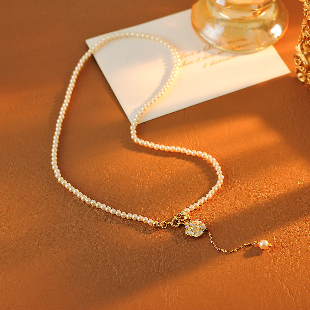 French Style Pearl Necklace for Women, Niche Design with Camellia Tassel Pendant, Clavicle Chain, Light Luxury Fashion