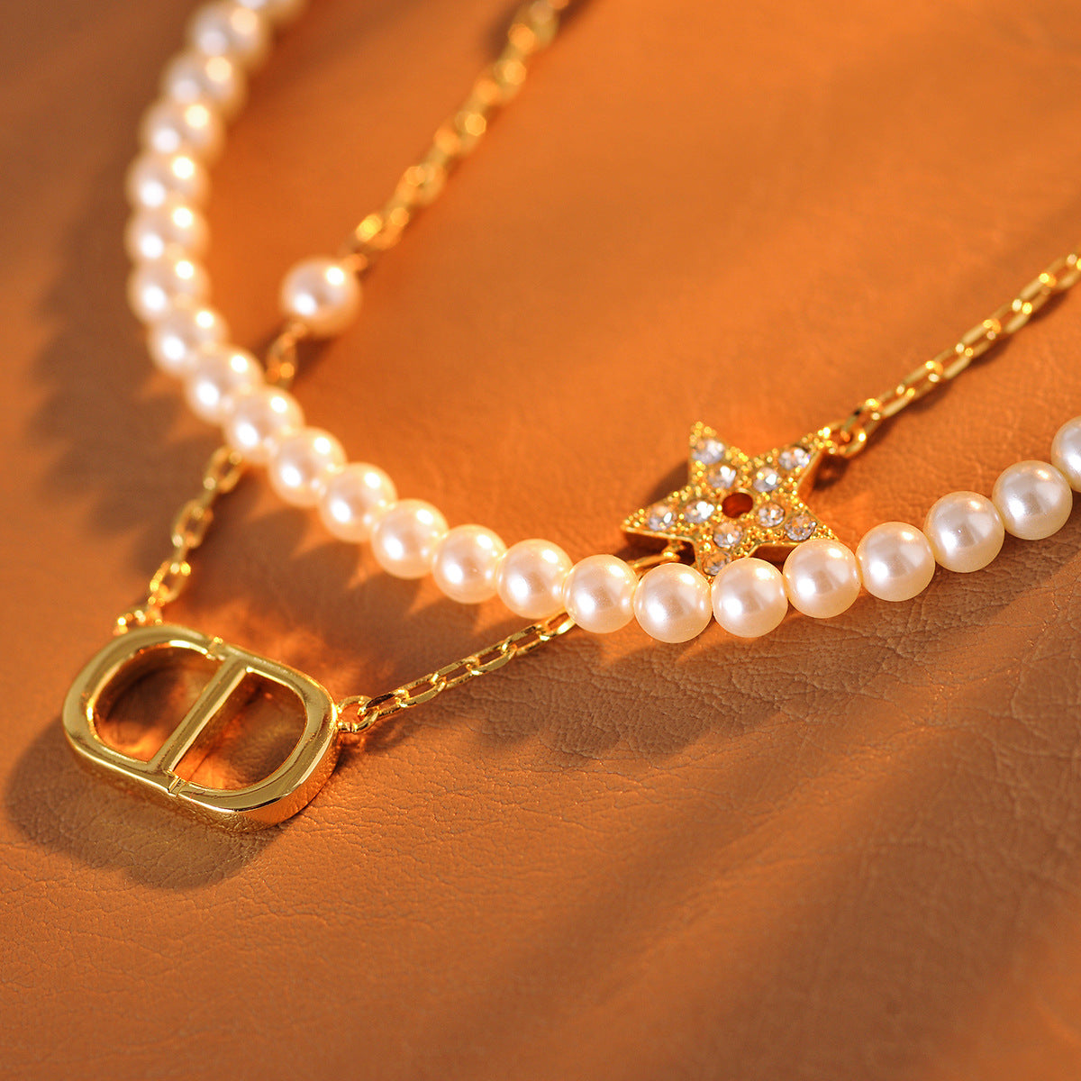 Pig Nose Bracelet Necklace Pearl Necklace New Light Luxury Fashion Letter Five-Star Double Layer Stacking