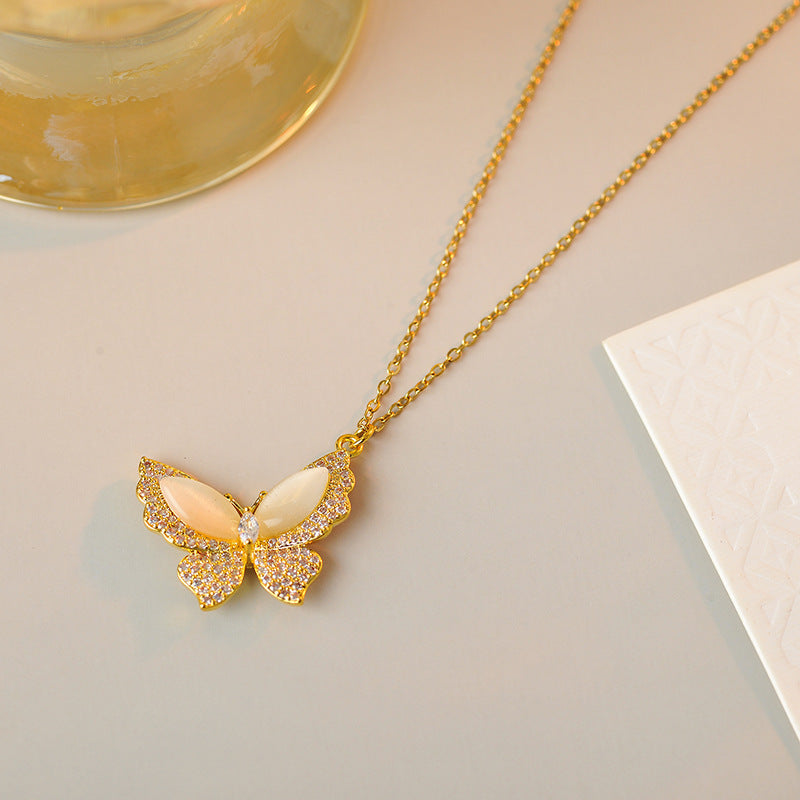 New Style Real Gold Plated Minimalist Fashion Cat's Eye Stone Butterfly Simple Elegant Necklace for Women