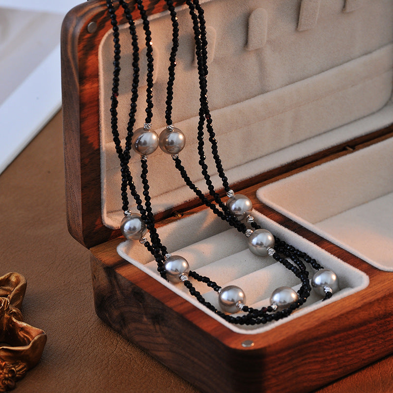 Fashion Versatile Exquisite Long Black Crystal Pearl Necklace Unique Design Double Layer Overlay Long Chain Multiple Wearing Styles